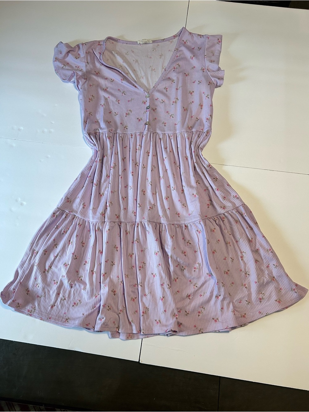 See You Monday Lavender Floral Tiered Dress with Flutter Sleeves